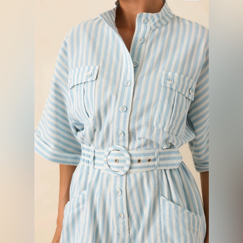 🆕 Aqua Blue/White Stripe Belted Romper - L - Picture 2 of 11